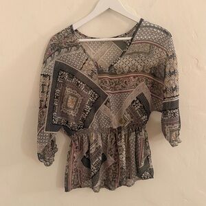 Tobi Mixed Print V-Neck Blouse